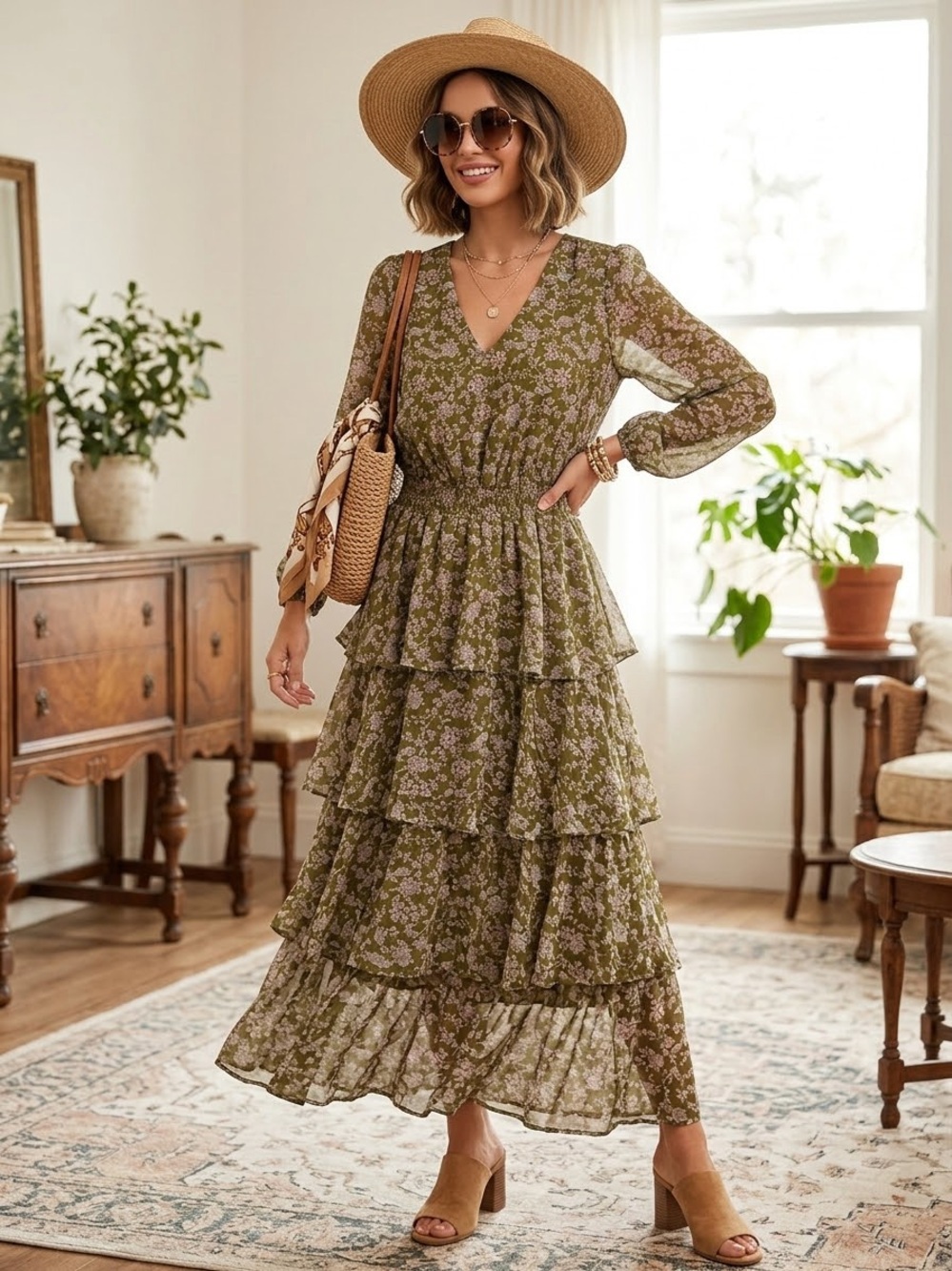 MSK Olive Floral Tiered Maxi Dress with V-Neck